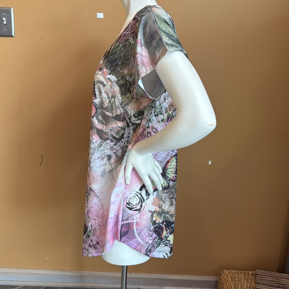 Big Bang Womens Wearable Art Tunic Top XL Butterfly Print Rhinestones Hi Low - Picture 4 of 12